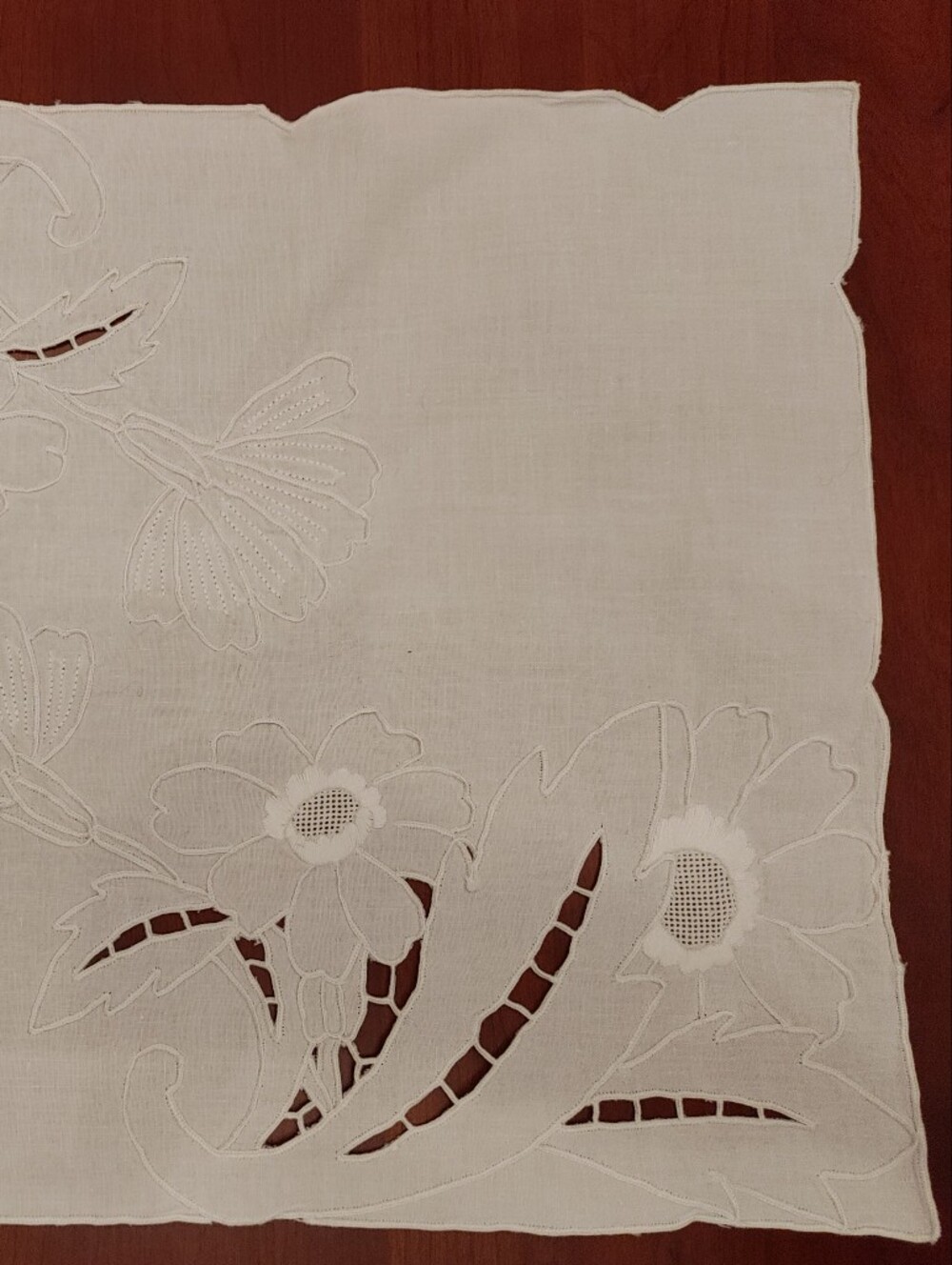 Embroidered White Linen Table Placemats 13"x18" with Floral Cutwork